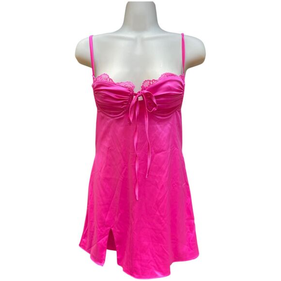 Hot Pink Satin Lace Slip Mini Dress NWT Size Small Ruched Spaghetti Strap Party - Picture 3 of 16